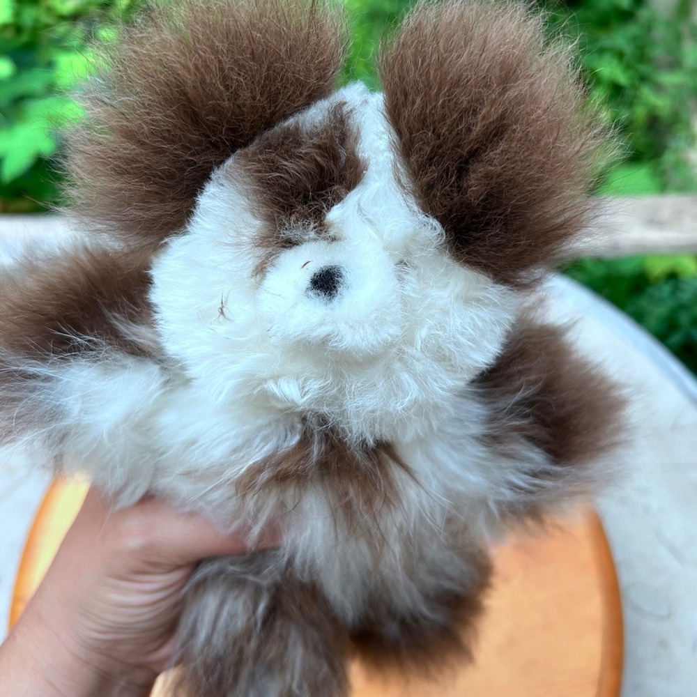 Vintage Alpaca Fur Teddy Bear Plush Brown White Patchwork Large 12" Peruvian Toy